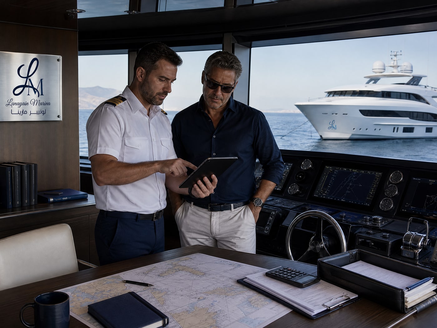 Owner briefing on the bridge before departure